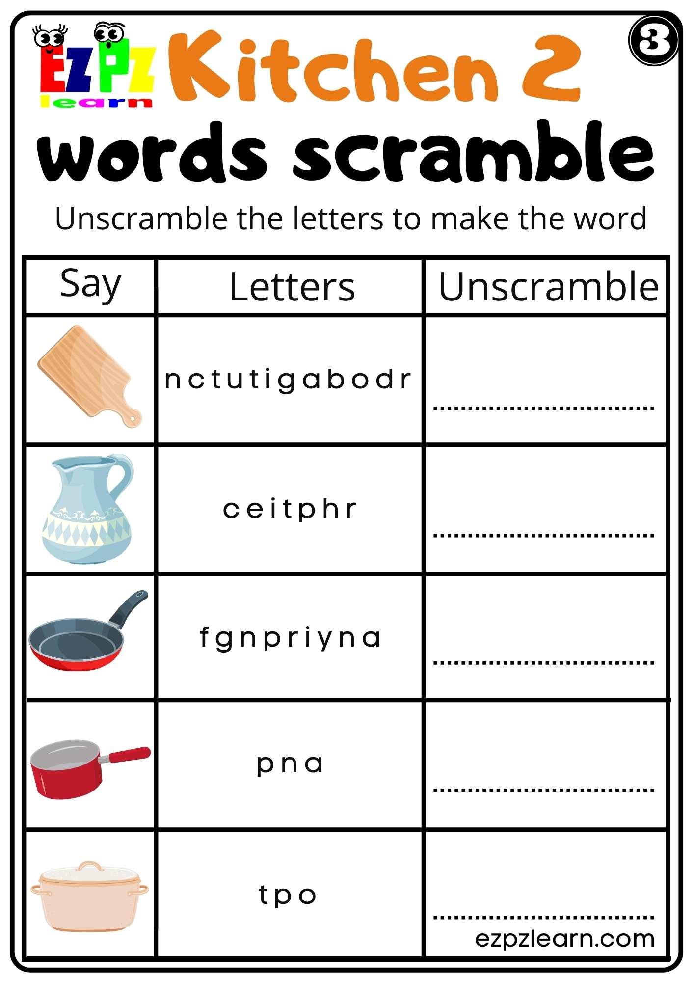 Kitchen Utensils Word Scramble Worksheet for K5 and ESL students PDF